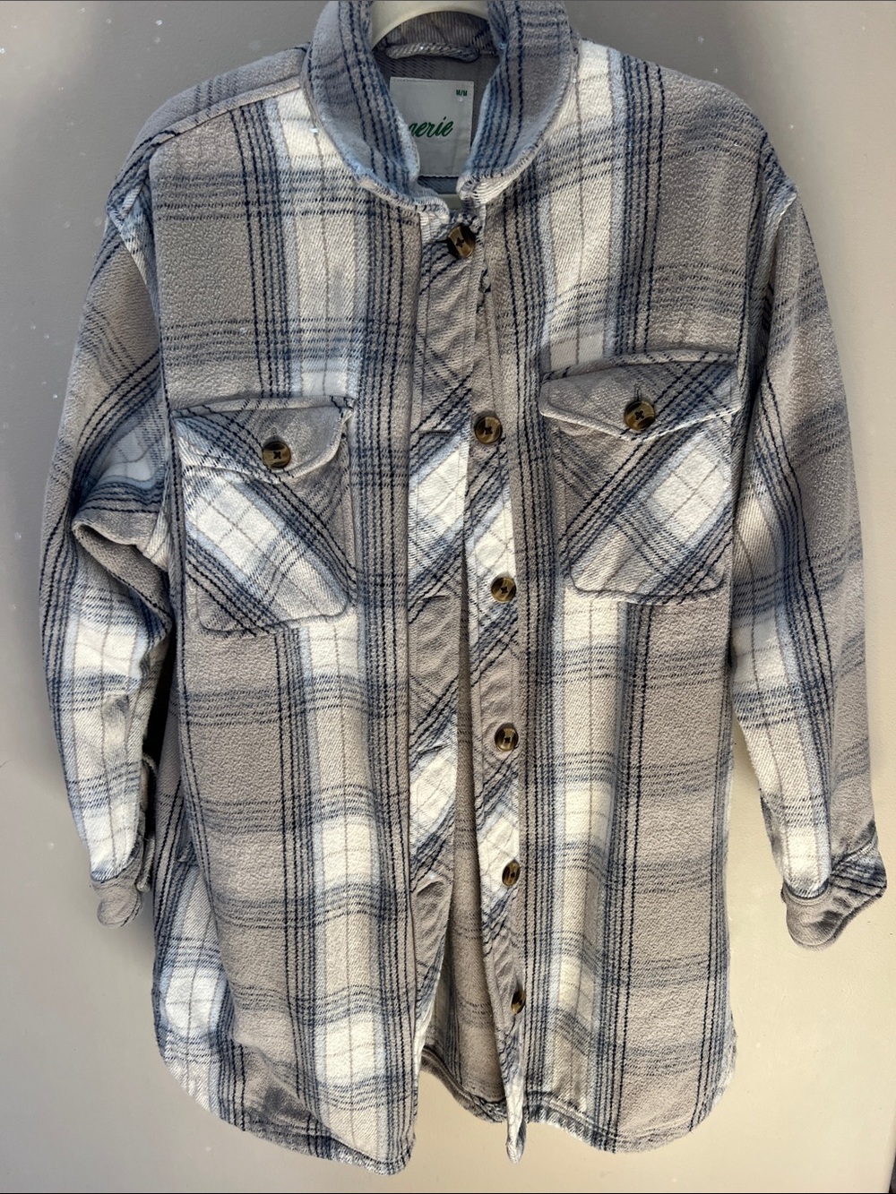 aerie Blue and White Plaid Cozy Button-Up